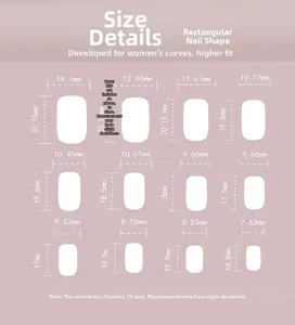 Detailed size chart for square press-on nails featuring twelve unique millimeter dimensions