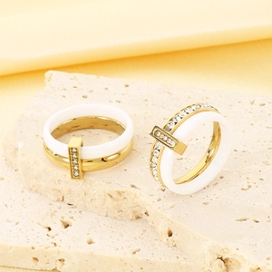 Detail view of gold titanium steel ring with white ceramic and micro-set zircon accents