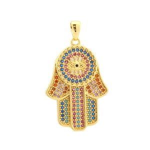 18K gold plated Hamsa hand pendant with colorful gemstones and evil eye motif