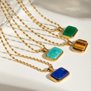 18k gold plated stainless steel necklaces with rectangular tiger eye and lapis pendants