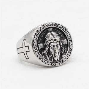 Vintage stainless steel Jesus ring with crown of thorns and side cross engravings