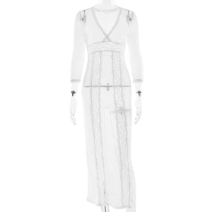 Elegant white lace long sleeve V-neck maxi dress with sheer floral embroidery detail