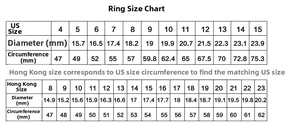 Detailed size guide chart showing inner diameter and circumference for titanium rings