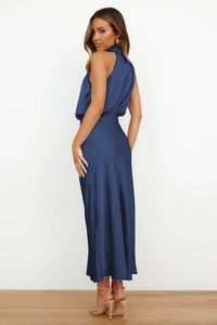 Elegant navy blue satin evening dress featuring a high neck and sleek sleeveless silhouette