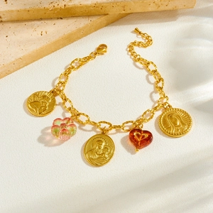 Gold plated chain bracelet with vintage coin religious relief pendants and heart bead