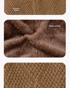 Detail of warm brown knit fabric featuring thick stitching and soft plush fleece lining