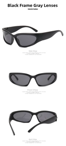 Detailed views of futuristic black steampunk sunglasses with grey lenses and sporty frame