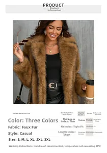 Detail view of brown faux fur coat with sizing chart and fabric specifications