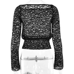 Détail du dos d'un t-shirt à manches longues en dentelle noire transparente pour femme