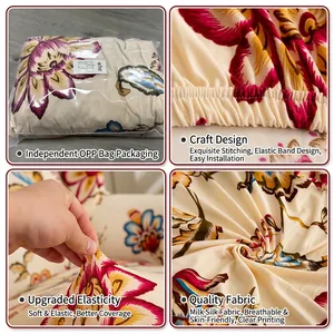 Floral wingback chair cover set made of high-stretch milk silk fabric with elastic band