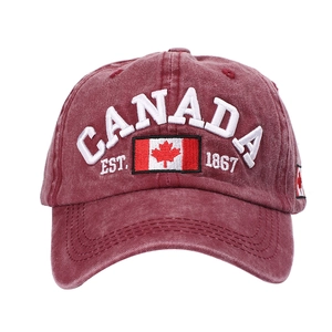 Washed burgundy cotton baseball cap with white CANADA embroidery and flag detail
