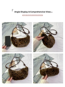 Détail du sac hobo en fausse fourrure léopard montrant plusieurs angles et la texture