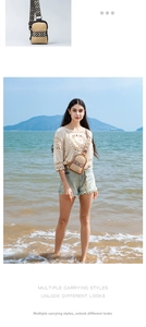 Close-up and beach lifestyle view of woven straw crossbody bag with geometric strap