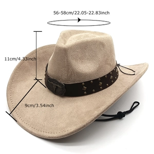 Cappello da cowboy in finta pelle scamosciata kaki con testa di toro vintage e bordo da 9cm