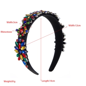 Detail view of 3cm wide black headband with colorful rhinestones and precise dimensions