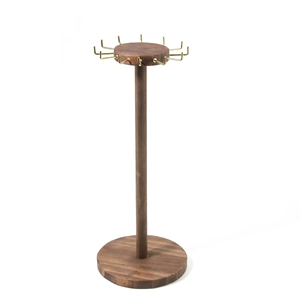 Brown wooden jewelry display stand with golden metal hooks for necklaces and bracelets