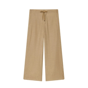 Casual khaki high waist wide-leg trousers with drawstring and side pockets in a flat lay view