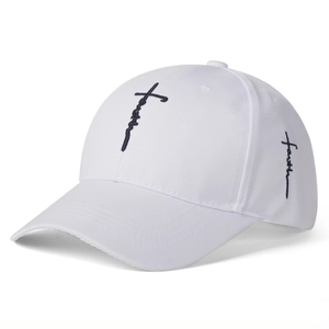 White baseball cap with black faith cross embroidery on cotton twill fabric