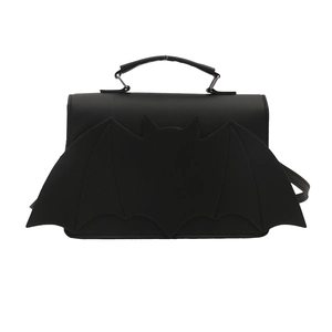 Gothic bat wing crossbody bag in black PU leather with a minimalist top handle design