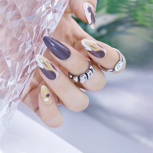 Press On Nails Almond Medium Long Oil Painting Marble Amber Blue Smudging Glossy False Nails For Women Daily Wear