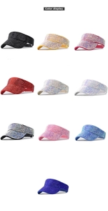 Detail of glittery rhinestones on sun visors in various colors on white background