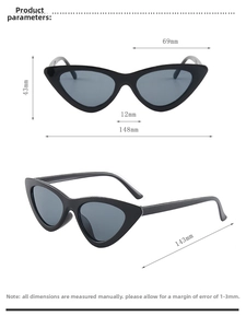 Detailed size chart for triangle cat eye sunglasses with frame width and lens height dimensions