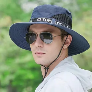 Men's navy blue wide brim sun hat with breathable mesh and adjustable chin strap