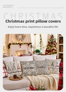 Close-up of four festive Christmas pillow covers featuring snowmen and gnomes on a sofa