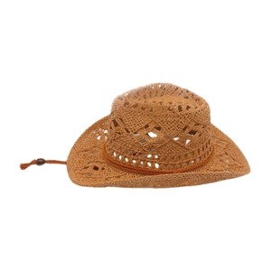 Close-up of western hollow weave straw cowboy hat with decorative wooden bead and string