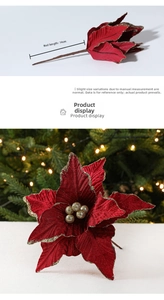 Detail of 26cm burgundy velvet poinsettia with gold glitter edges and a 14cm stem length
