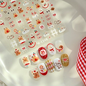 3D Christmas nail stickers with Santa, reindeer and snowman motifs on white base