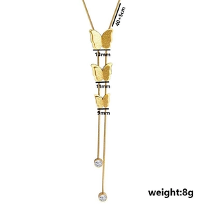 Collier en Y en acier inoxydable plaqué or 18 carats avec pendentifs papillon et cristaux
