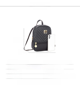 Detailed size specifications of the black quilted mini backpack with V-pattern and chain