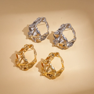 Irregular liquid metal earrings in gold and silver finish with wrinkled hollow design