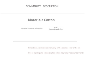 Detail showing the adjustable cotton strap and fabric specifications of the baseball cap