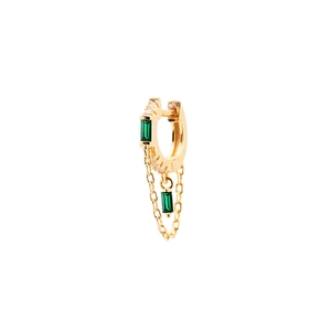 Detail of gold-plated silver earring with emerald zircon and double layer fringe chains