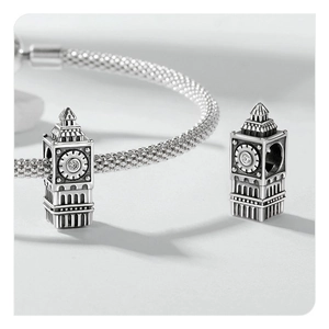 Macro shot of S925 sterling silver Big Ben charm with intricate cubic zirconia details