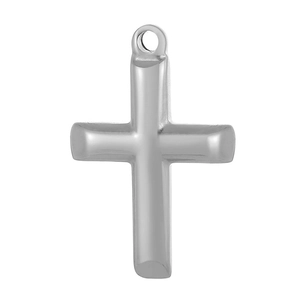 Sleek silver polished stainless steel cross pendant with top ring on white background