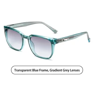 Men's square sunglasses with transparent blue frame and gradient gray lenses