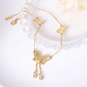 Elegant 18k gold plated butterfly tassel anklet with crystals and adjustable lobster clasp