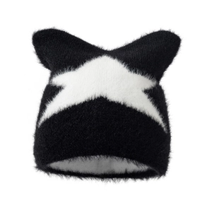 Winter plush cat ear beanie with white star pattern and fluffy knit texture