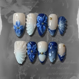 Press On Nails 3D Blue Lily Flower Artificial Pearl Metal Star Elegant Vintage Gradient Almond Shape Detachable Manicure
