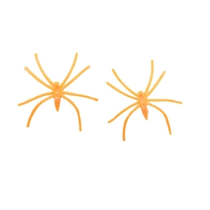 Pair of orange plastic Halloween spiders for spooky decoration on a clean white background