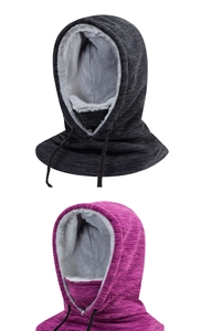 Detail of thickened fleece winter balaclava with adjustable drawstrings and soft lining