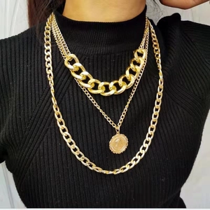 Multilayered Necklace With Coin Portrait Pendant Alloy Aluminum Punk Retro Hip Hop Chunky Chain Jewelry For Women