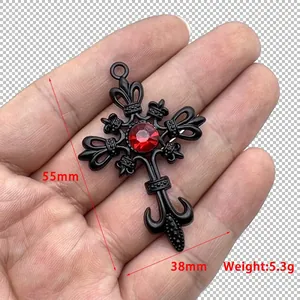 Gothic punk black alloy cross pendant with red gemstone and 55mm height dimensions