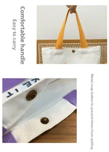 Detail of colorful woven handles and secure metal snap closure on a canvas tote bag