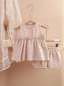 Floral print baby girl ruffle pajama set made of soft double-layer cotton gauze