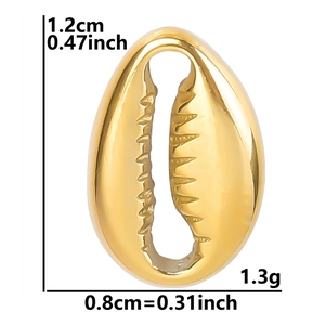 Detail view of gold shell pendant with dimensions 1.2cm height and 0.8cm width