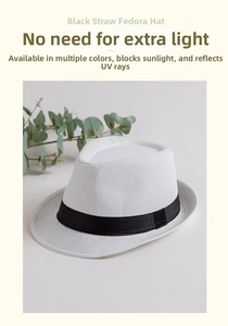 Détail d'un chapeau fedora blanc respirant en simili lin avec ruban noir et anti-UV